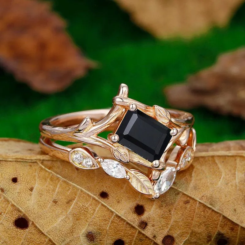 Antique 1 CT Emerald Cut Natural Black Onyx Leaf Vines Bezel Set Rose Gold Art Deco Leaf Ring Set