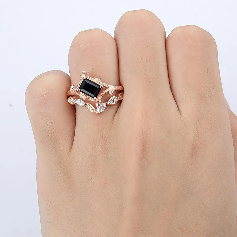 Antique 1 CT Emerald Cut Natural Black Onyx Leaf Vines Bezel Set Rose Gold Art Deco Leaf Ring Set