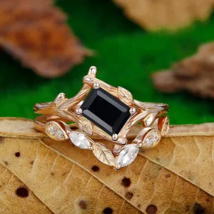 Antique 1 CT Emerald Cut Natural Black Onyx Leaf Vines Bezel Set Rose Gold Art Deco Leaf Ring Set