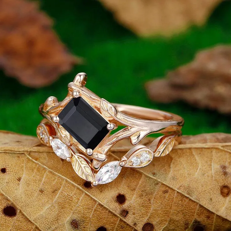 Antique 1 CT Emerald Cut Natural Black Onyx Leaf Vines Bezel Set Rose Gold Art Deco Leaf Ring Set
