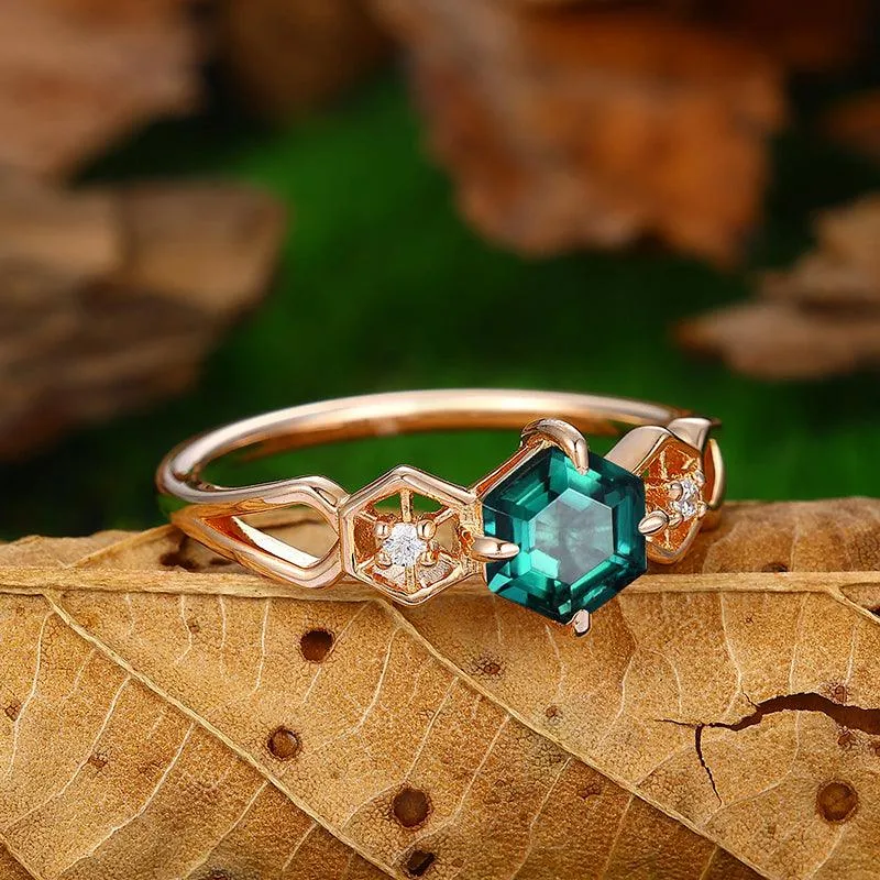Antique Hexagon Cut 18k Rose Gold Half Eternity  Emerald  Engagement Ring