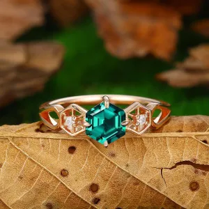 Antique Hexagon Cut 18k Rose Gold Half Eternity  Emerald  Engagement Ring