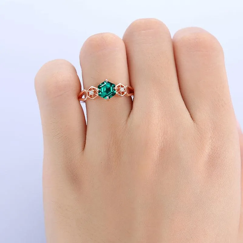 Antique Hexagon Cut 18k Rose Gold Half Eternity  Emerald  Engagement Ring