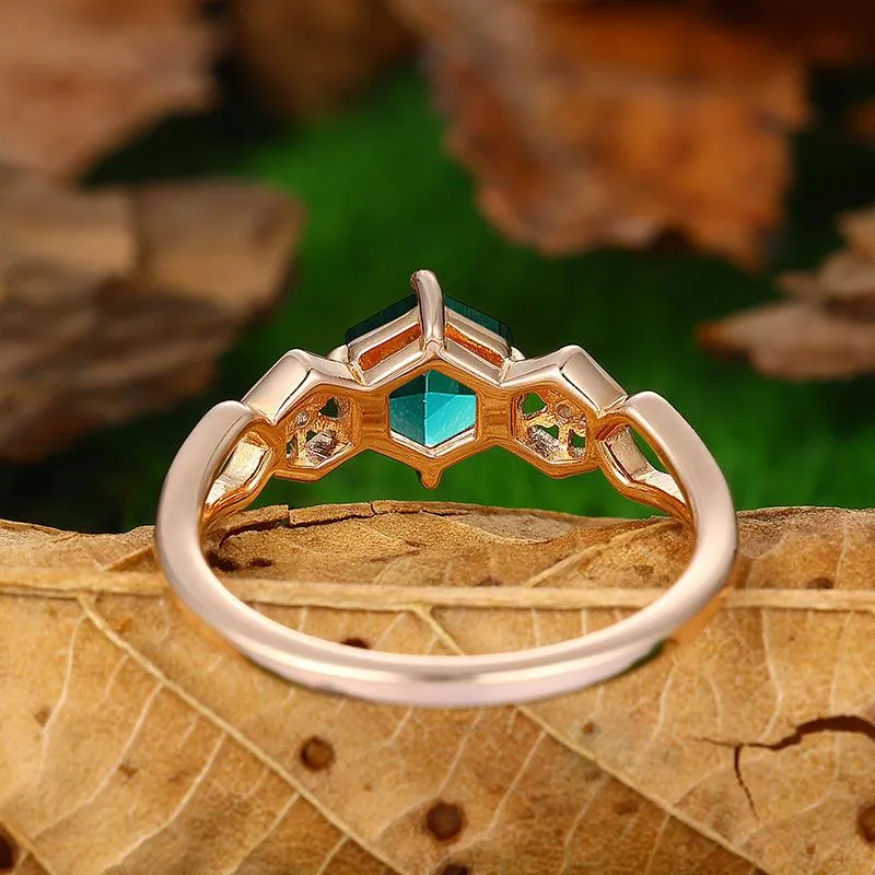 Antique Hexagon Cut 18k Rose Gold Half Eternity  Emerald  Engagement Ring