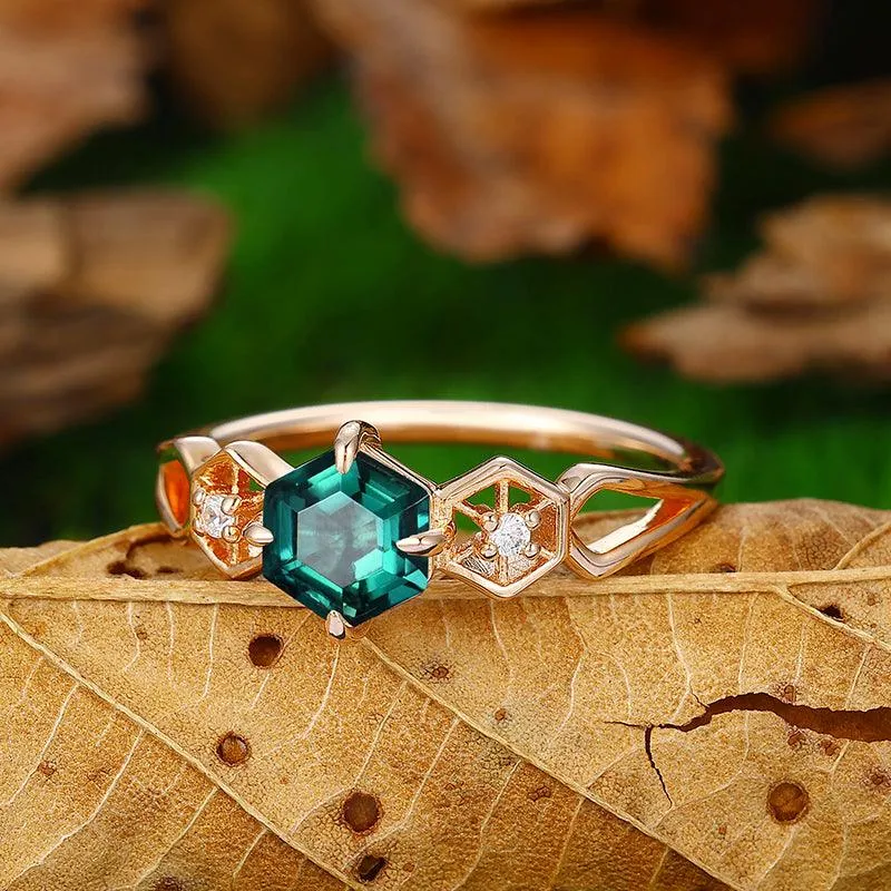 Antique Hexagon Cut 18k Rose Gold Half Eternity  Emerald  Engagement Ring