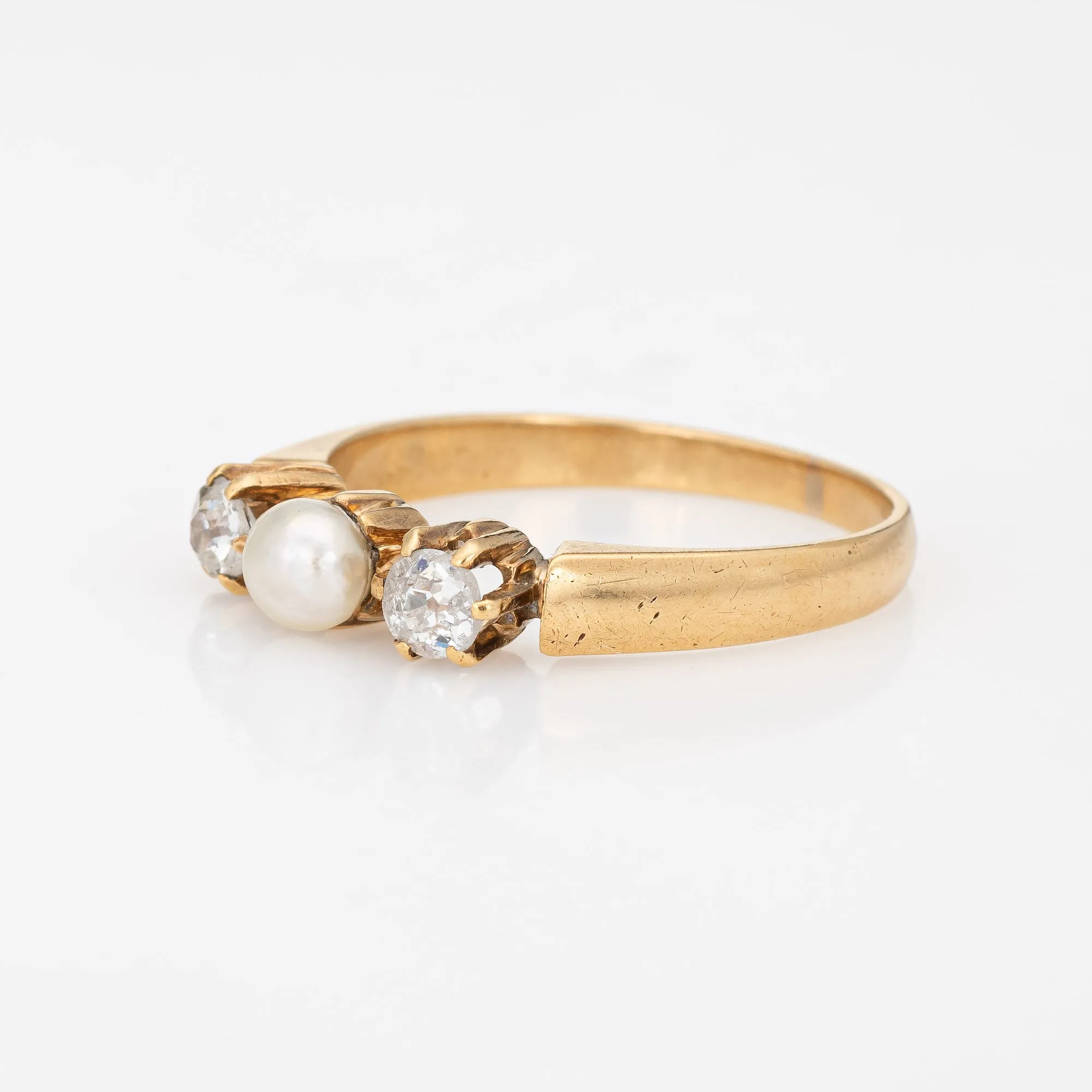 Antique Victorian Diamond Pearl Ring 14k Yellow Gold 3 Stone Vintage Sz 7.25