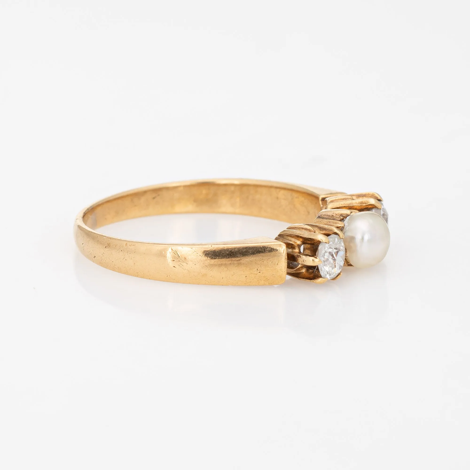 Antique Victorian Diamond Pearl Ring 14k Yellow Gold 3 Stone Vintage Sz 7.25