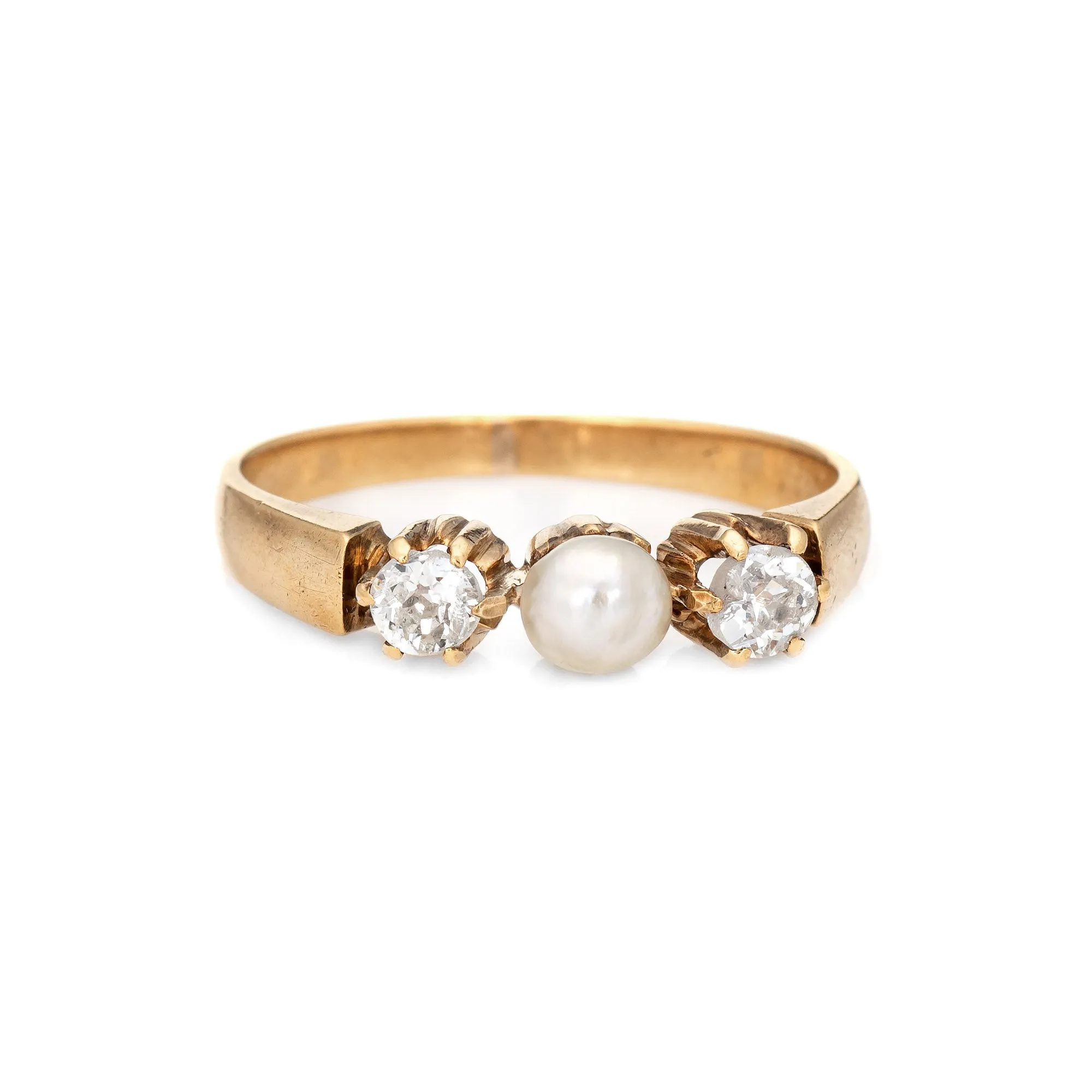 Antique Victorian Diamond Pearl Ring 14k Yellow Gold 3 Stone Vintage Sz 7.25