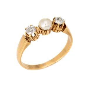 Antique Victorian Diamond Pearl Ring 14k Yellow Gold 3 Stone Vintage Sz 7.25