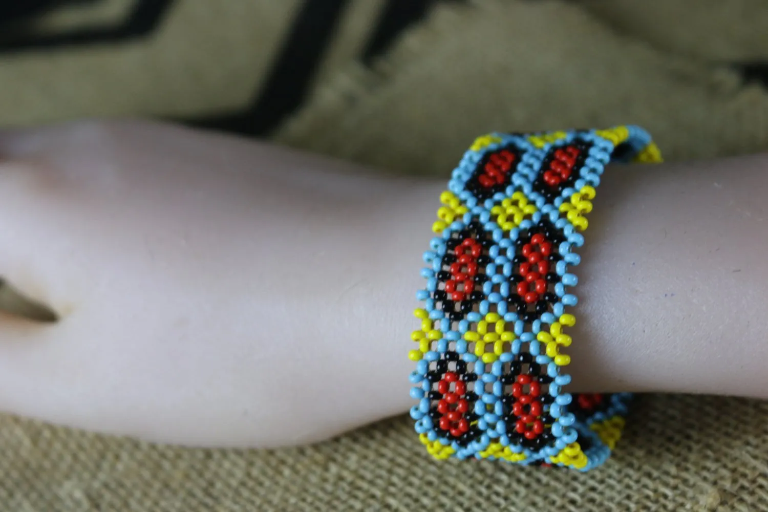Art# K257  3  inch. Original Kayapo Traditional Peyote stitch Beaded Bracelet from Brazil.