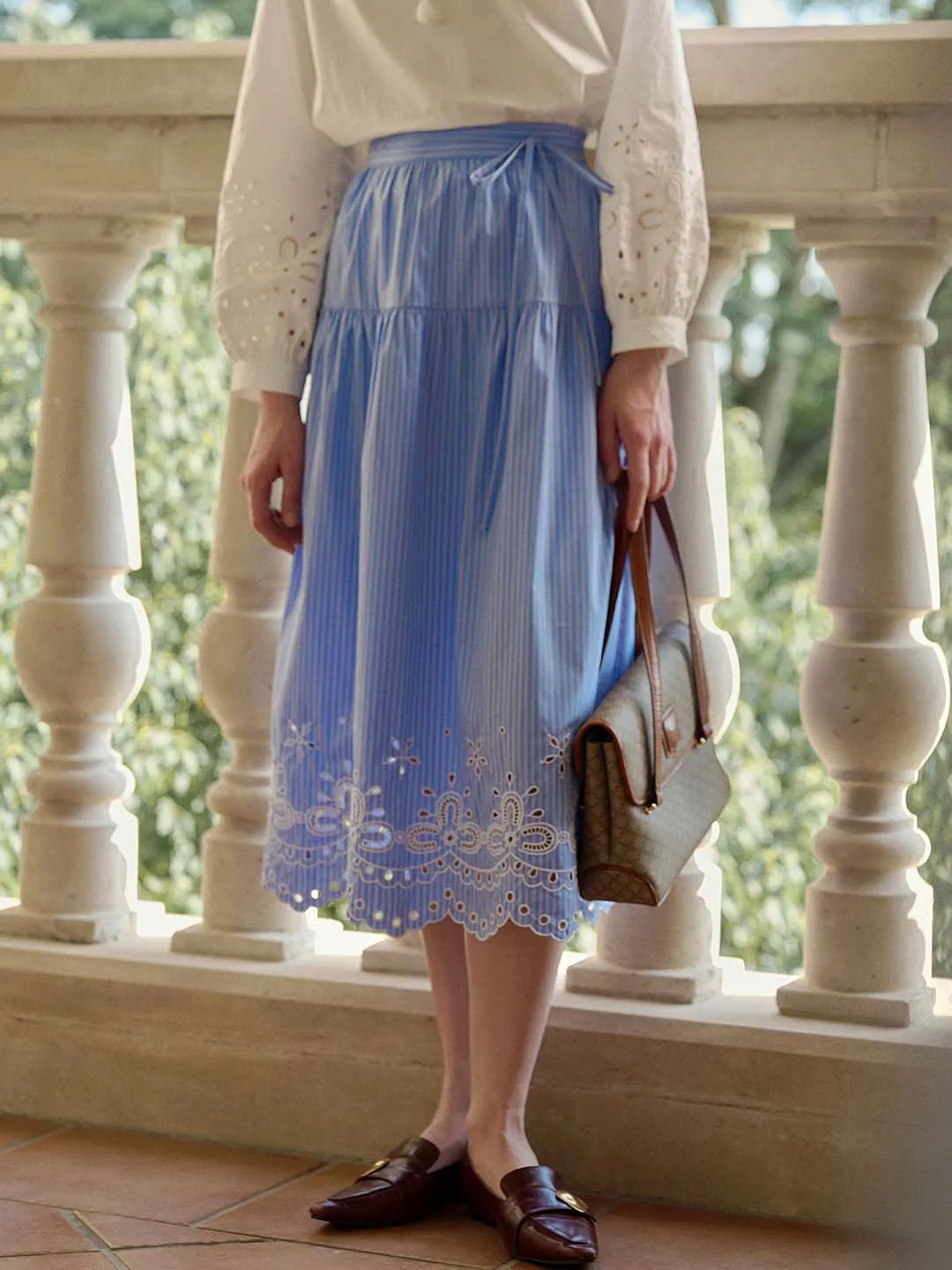 Aubree Striped Cutout Embroidered A-line Skirt