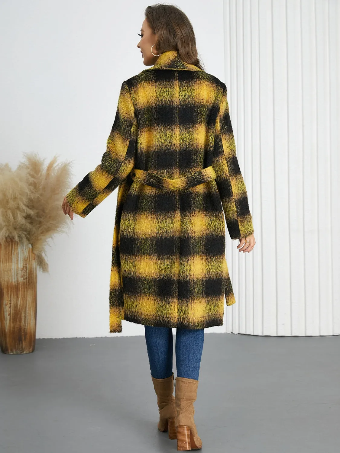 Avery Plaid Tie Waist Long Sleeve Coat