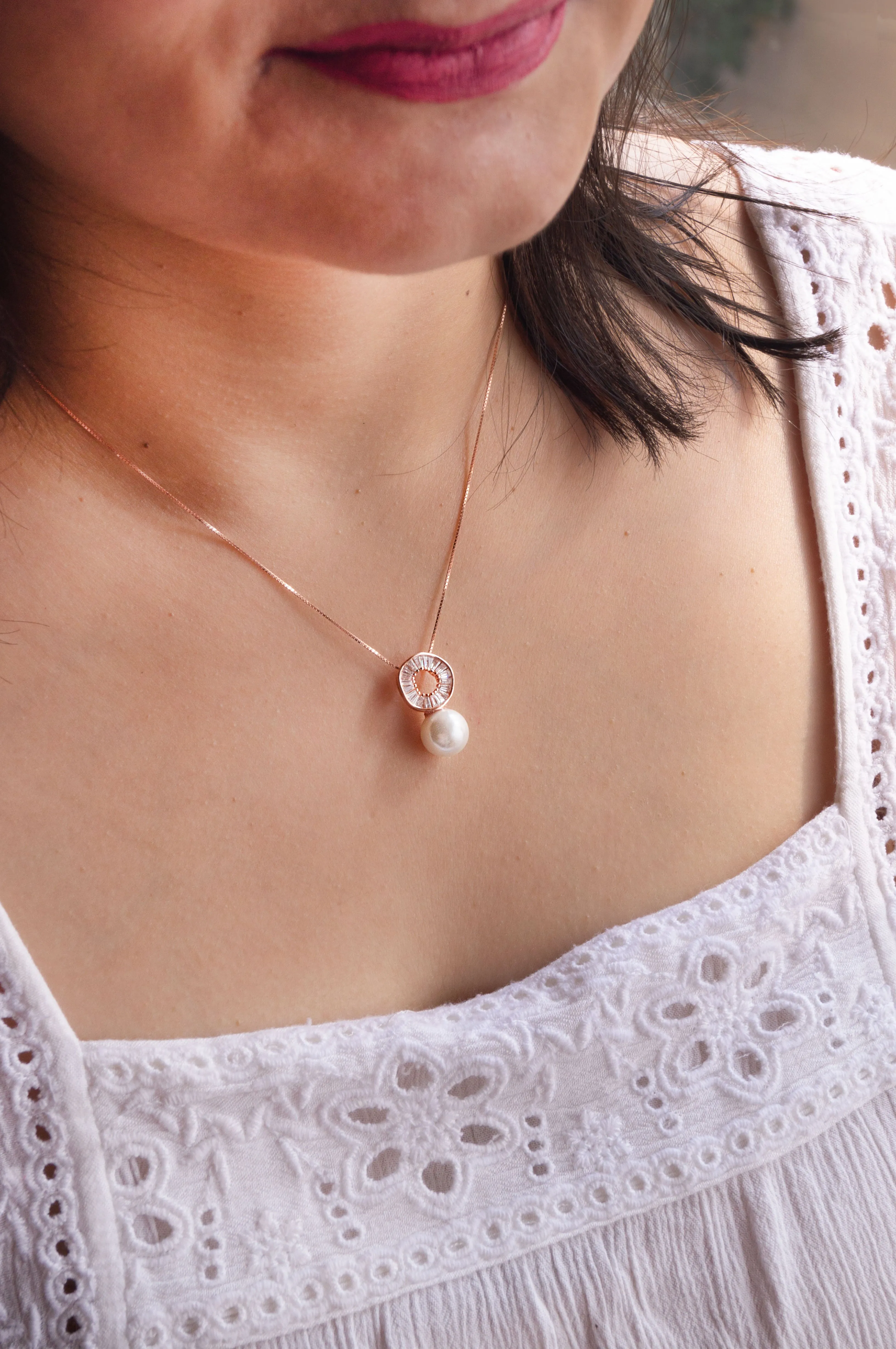 Baguetty Glam With Pearl Rose Gold Plated Sterling Silver Chain Necklace