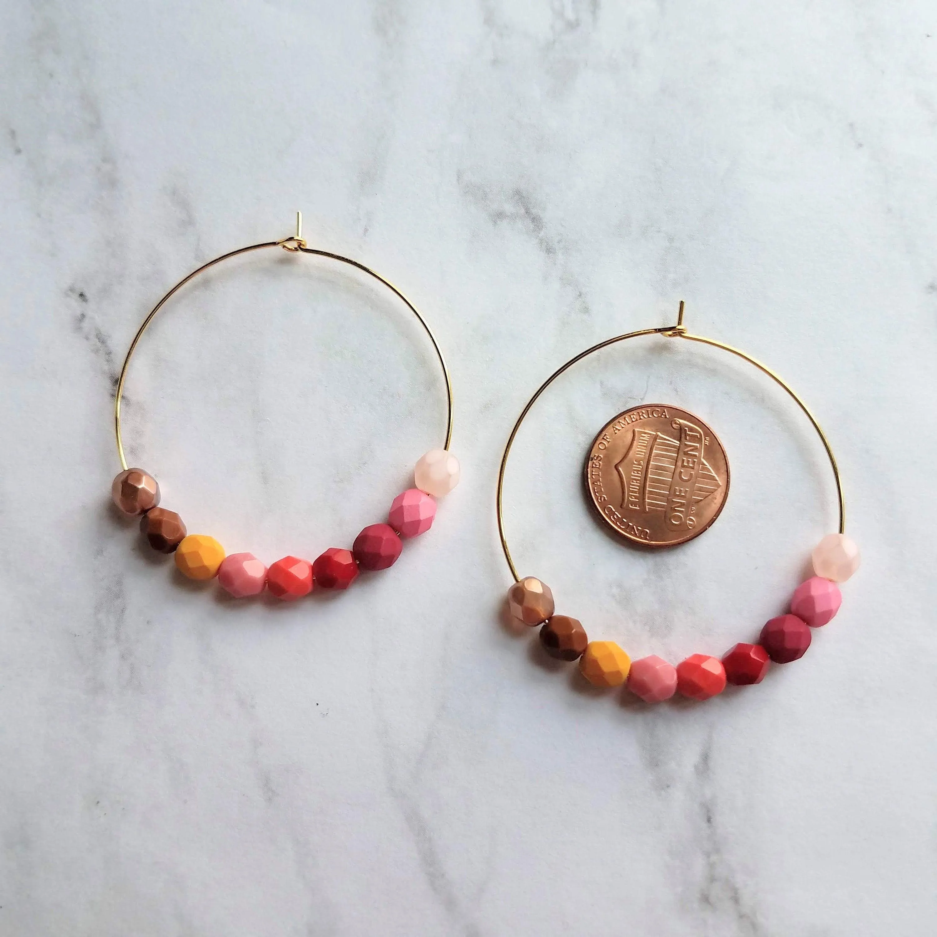 Beaded Hoop Earrings - red pink beads, large gold hoops, summer earring, tropical earring, bold earring, colorful hoop earring, bright color
