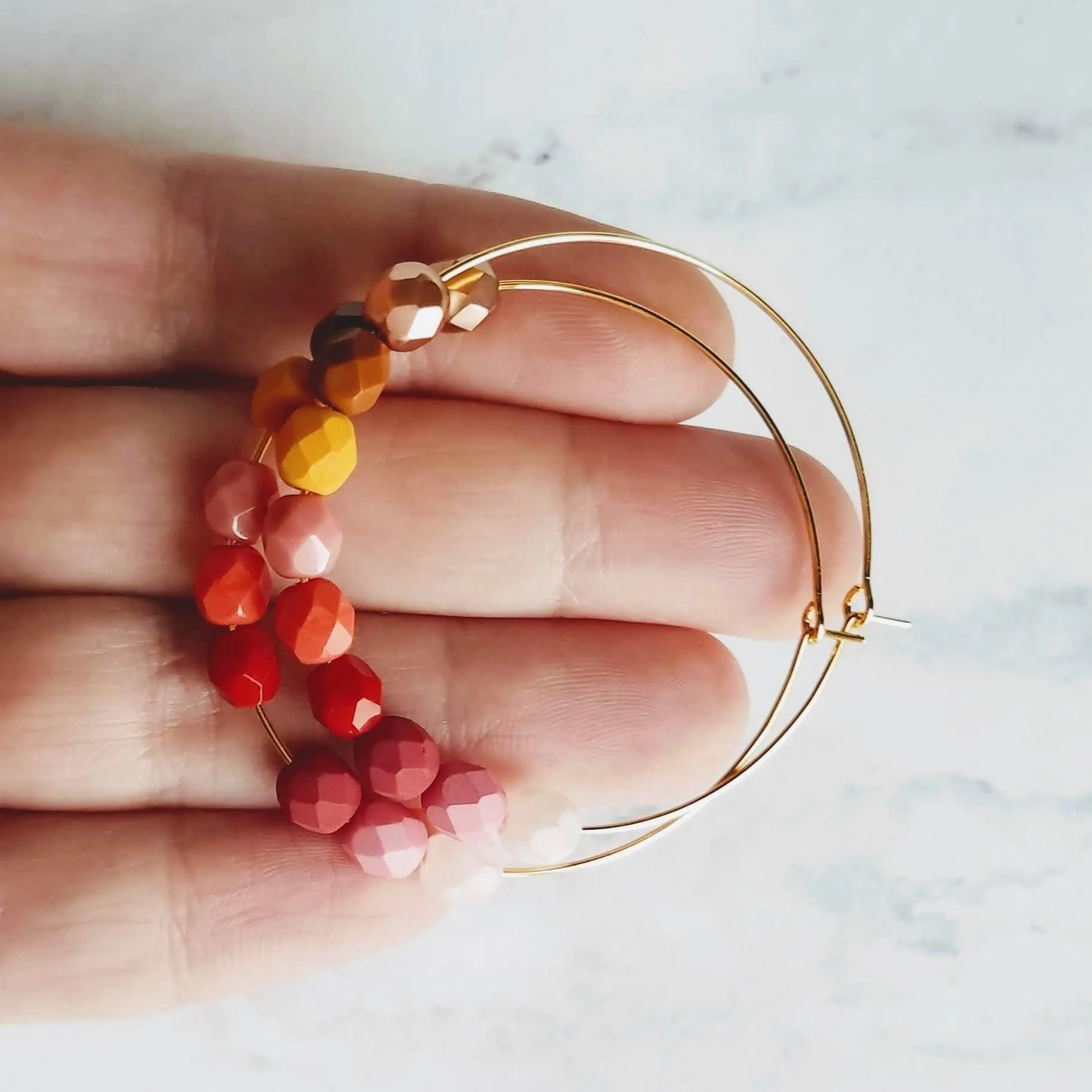 Beaded Hoop Earrings - red pink beads, large gold hoops, summer earring, tropical earring, bold earring, colorful hoop earring, bright color