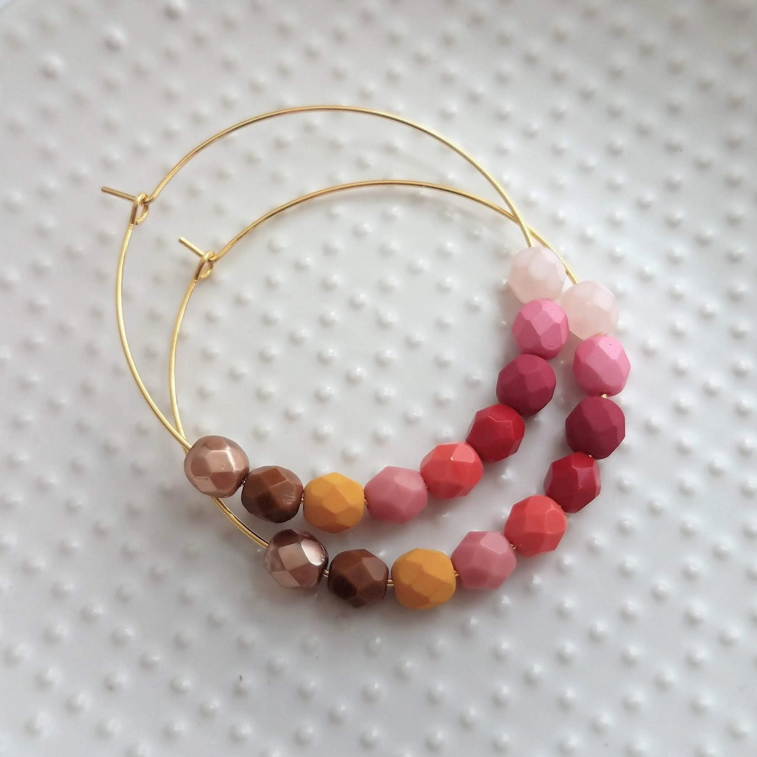 Beaded Hoop Earrings - red pink beads, large gold hoops, summer earring, tropical earring, bold earring, colorful hoop earring, bright color