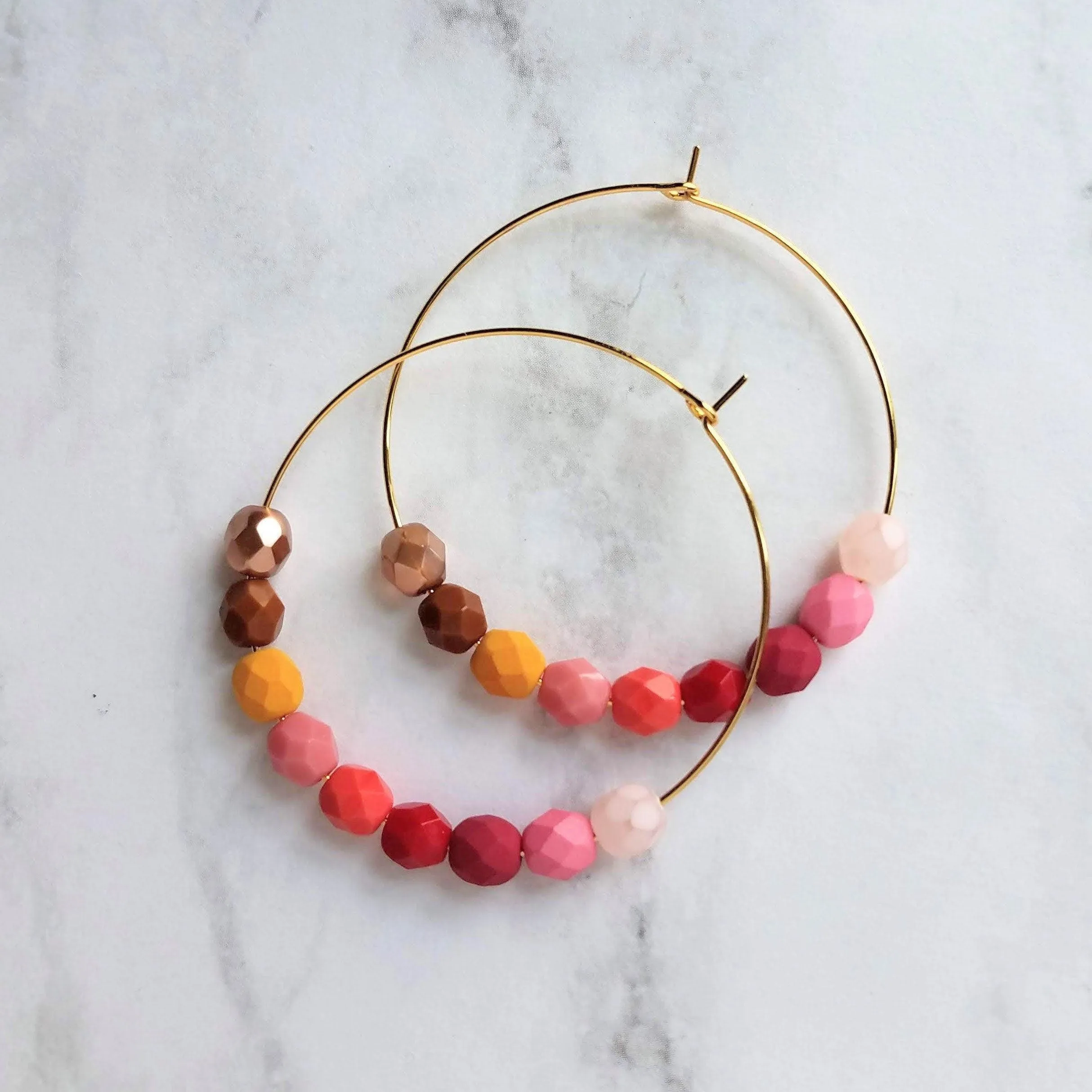 Beaded Hoop Earrings - red pink beads, large gold hoops, summer earring, tropical earring, bold earring, colorful hoop earring, bright color