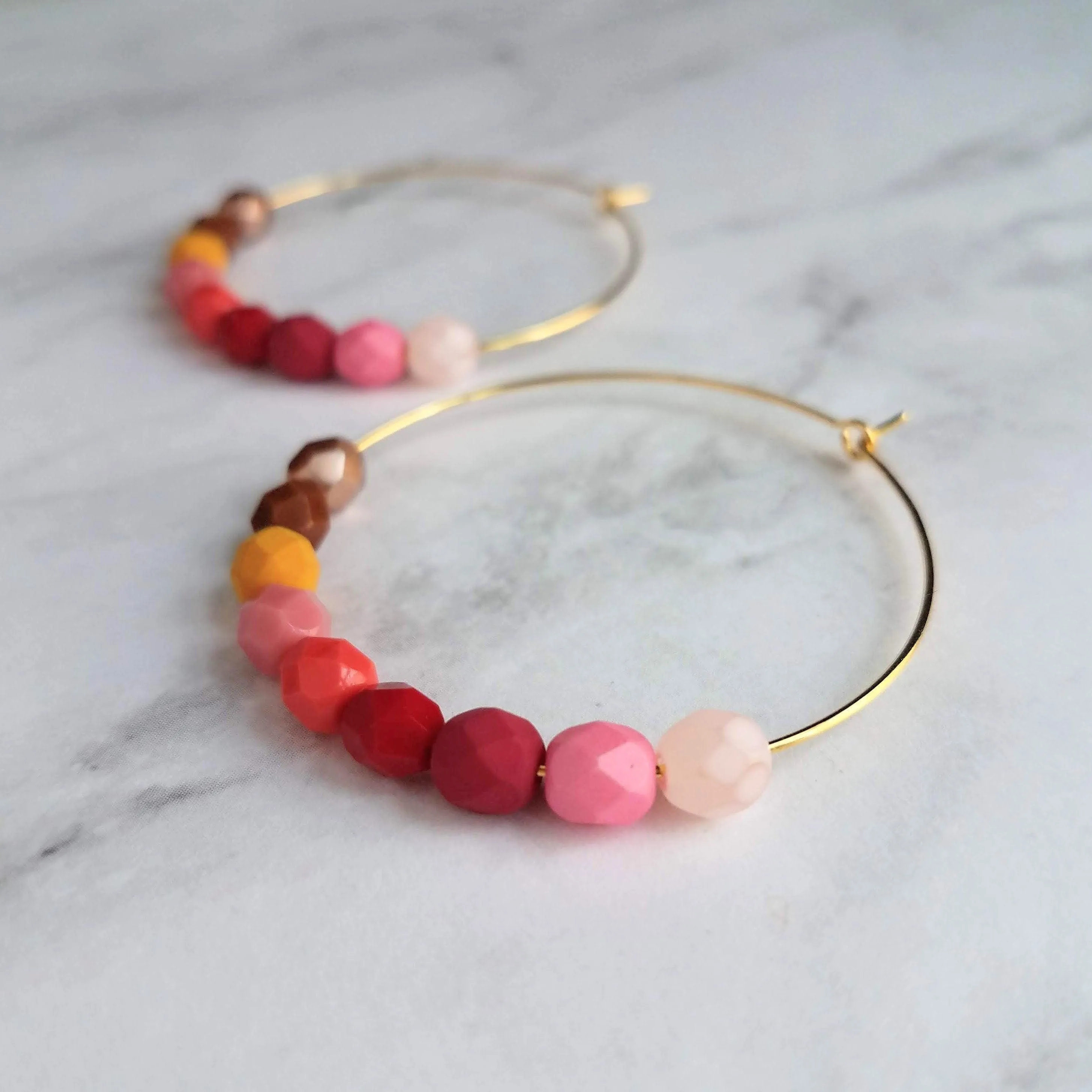 Beaded Hoop Earrings - red pink beads, large gold hoops, summer earring, tropical earring, bold earring, colorful hoop earring, bright color