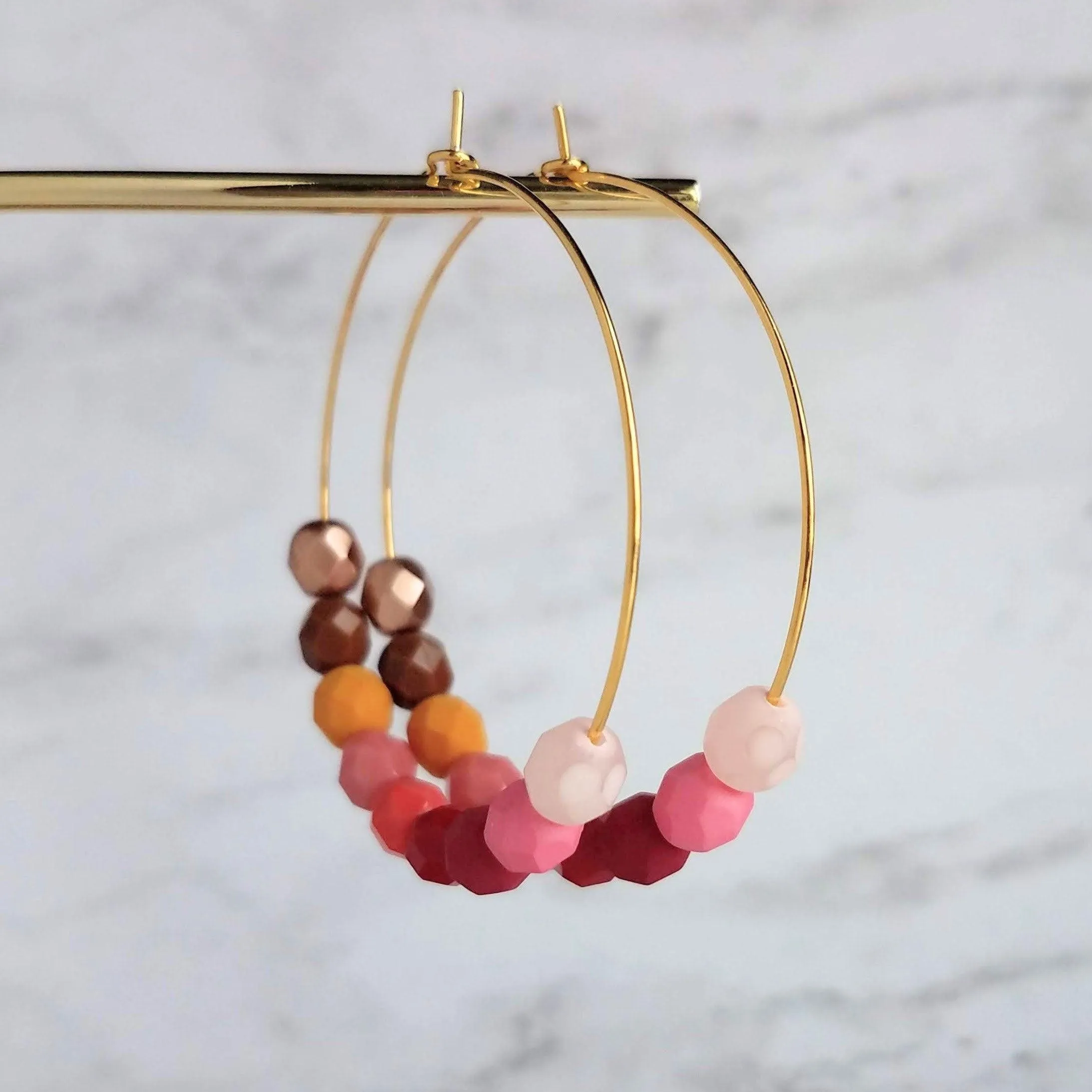 Beaded Hoop Earrings - red pink beads, large gold hoops, summer earring, tropical earring, bold earring, colorful hoop earring, bright color