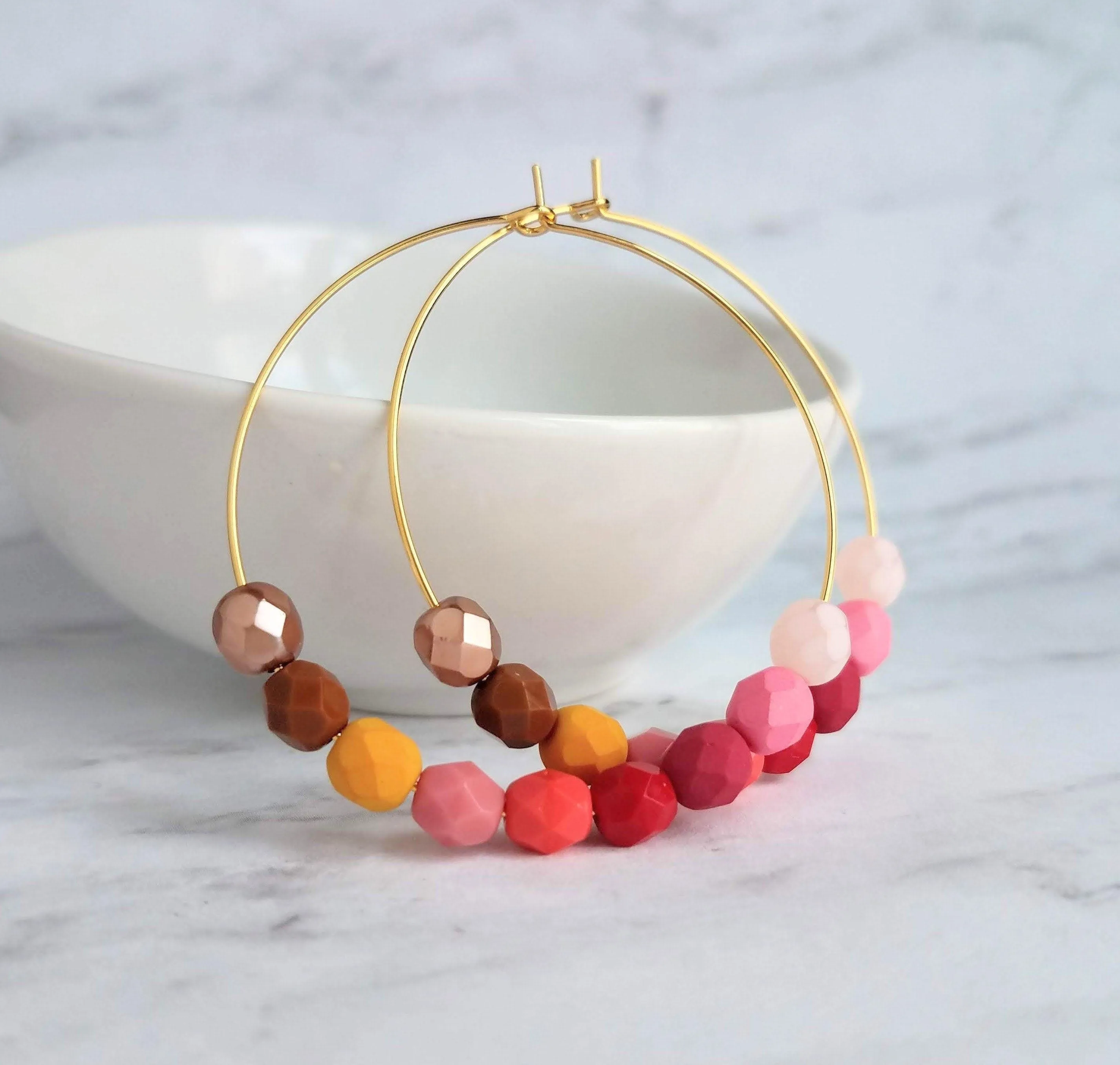 Beaded Hoop Earrings - red pink beads, large gold hoops, summer earring, tropical earring, bold earring, colorful hoop earring, bright color