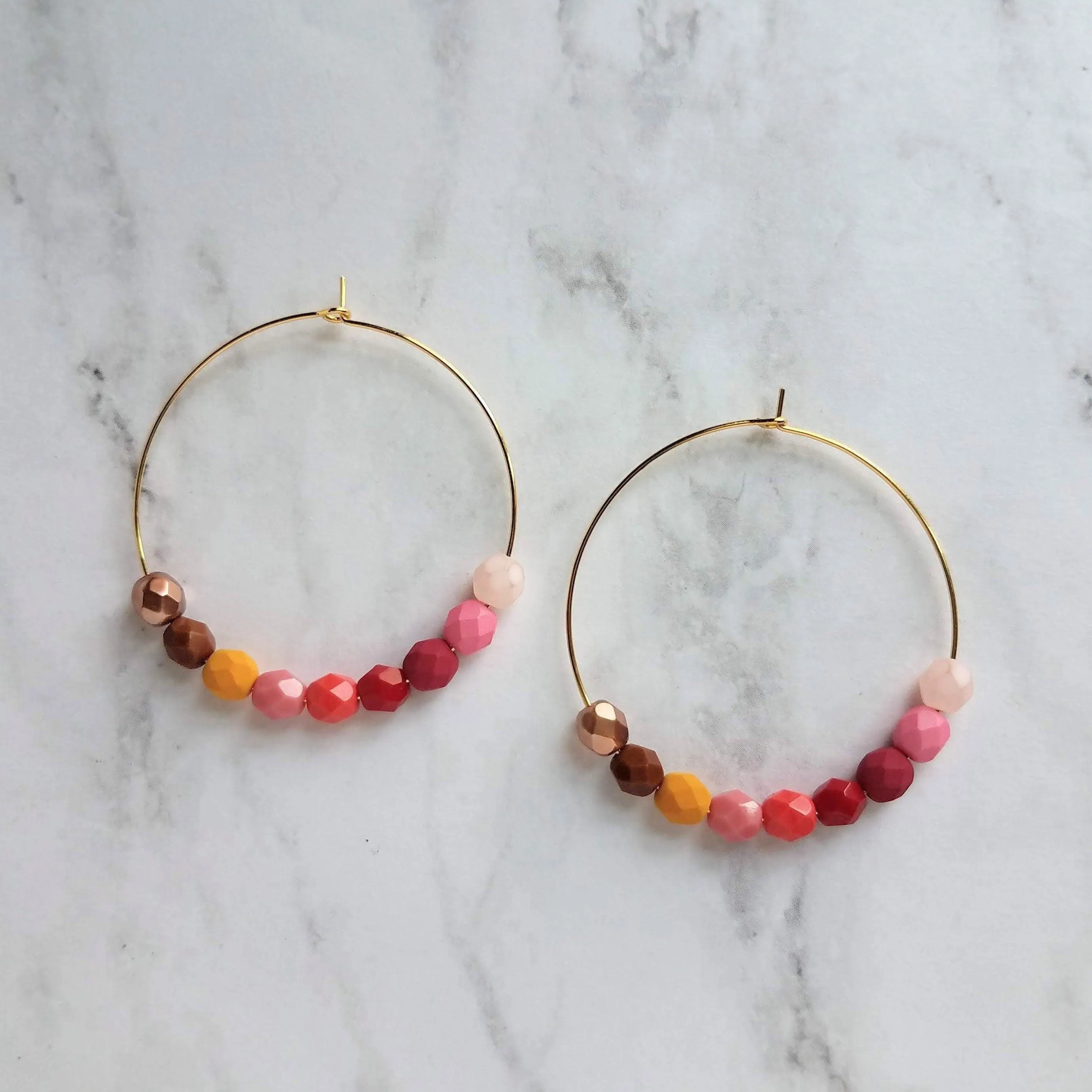 Beaded Hoop Earrings - red pink beads, large gold hoops, summer earring, tropical earring, bold earring, colorful hoop earring, bright color