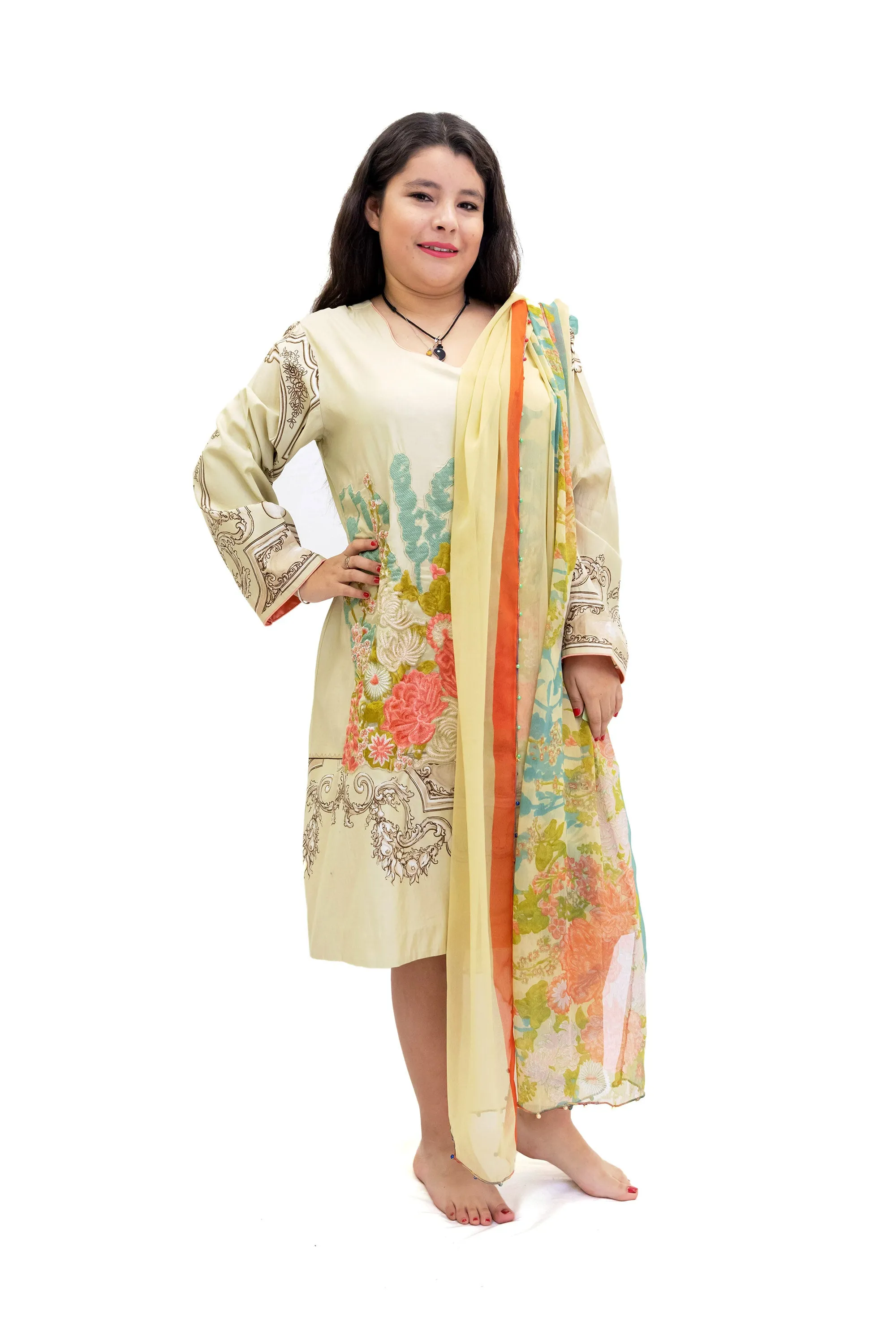 Beige Floral Cotton Kurti - Women's Shirt