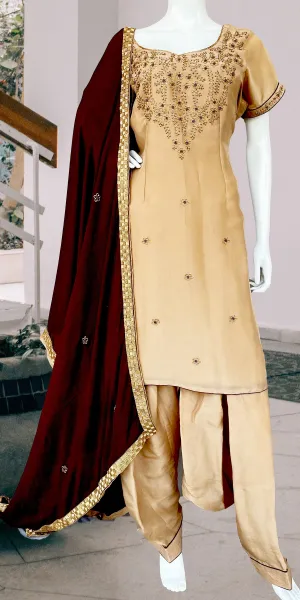 Beige Wine Punjabi Patiala Salwar Suit, Pure Upada Silk Punjabi Suit
