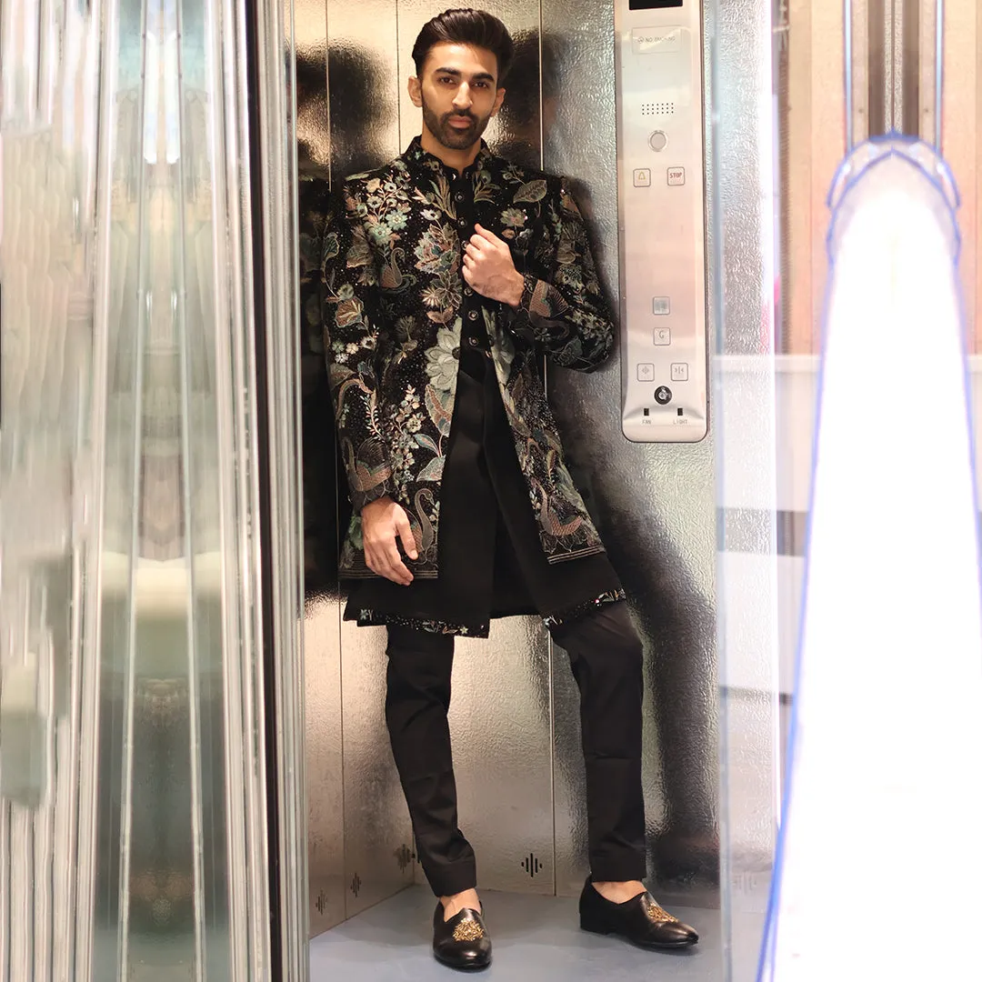 Black Floral Print Sequins Indowestern