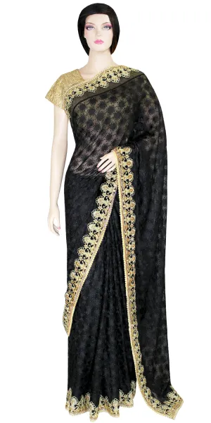 Black Phulkari Saree with Broad Golden Zari Borders, Chiffon Sari