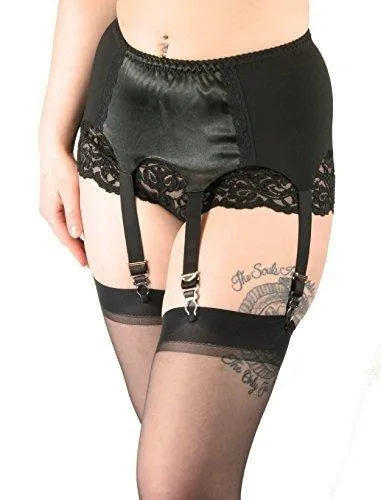 Black Satin Garter Belt High Waist Suspenders with Stockings