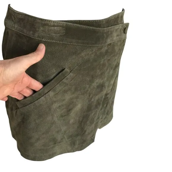 Blank NYC Olive Suede Mini Skirt Wrap Style with Asymmetrical Hem size 31