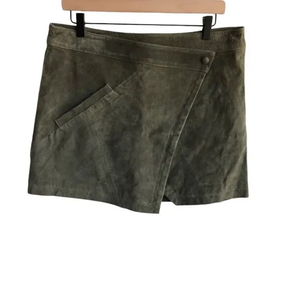Blank NYC Olive Suede Mini Skirt Wrap Style with Asymmetrical Hem size 31
