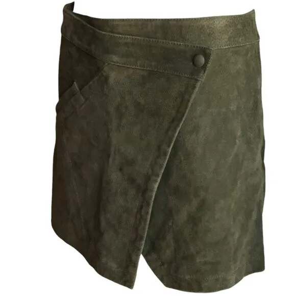 Blank NYC Olive Suede Mini Skirt Wrap Style with Asymmetrical Hem size 31