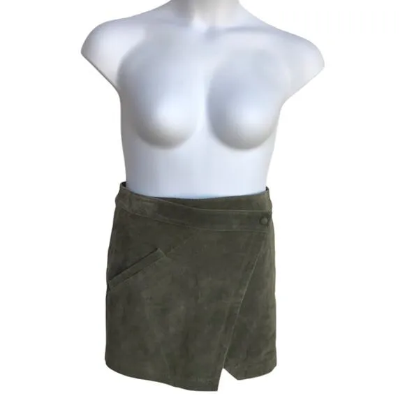 Blank NYC Olive Suede Mini Skirt Wrap Style with Asymmetrical Hem size 31