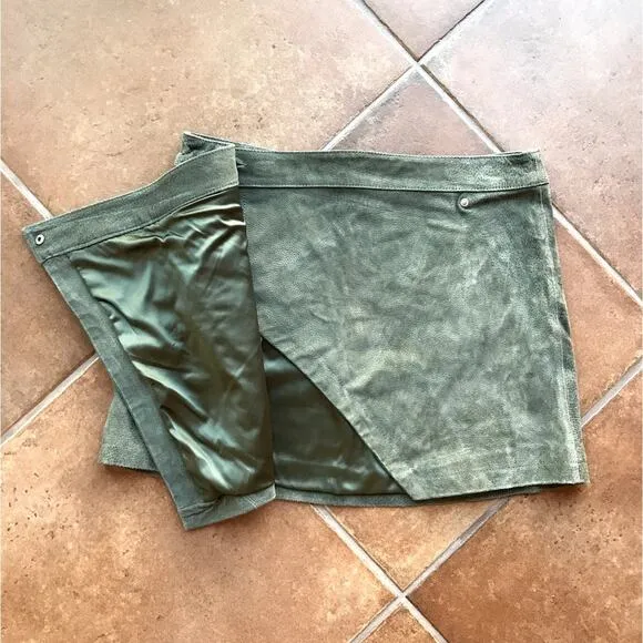 Blank NYC Olive Suede Mini Skirt Wrap Style with Asymmetrical Hem size 31