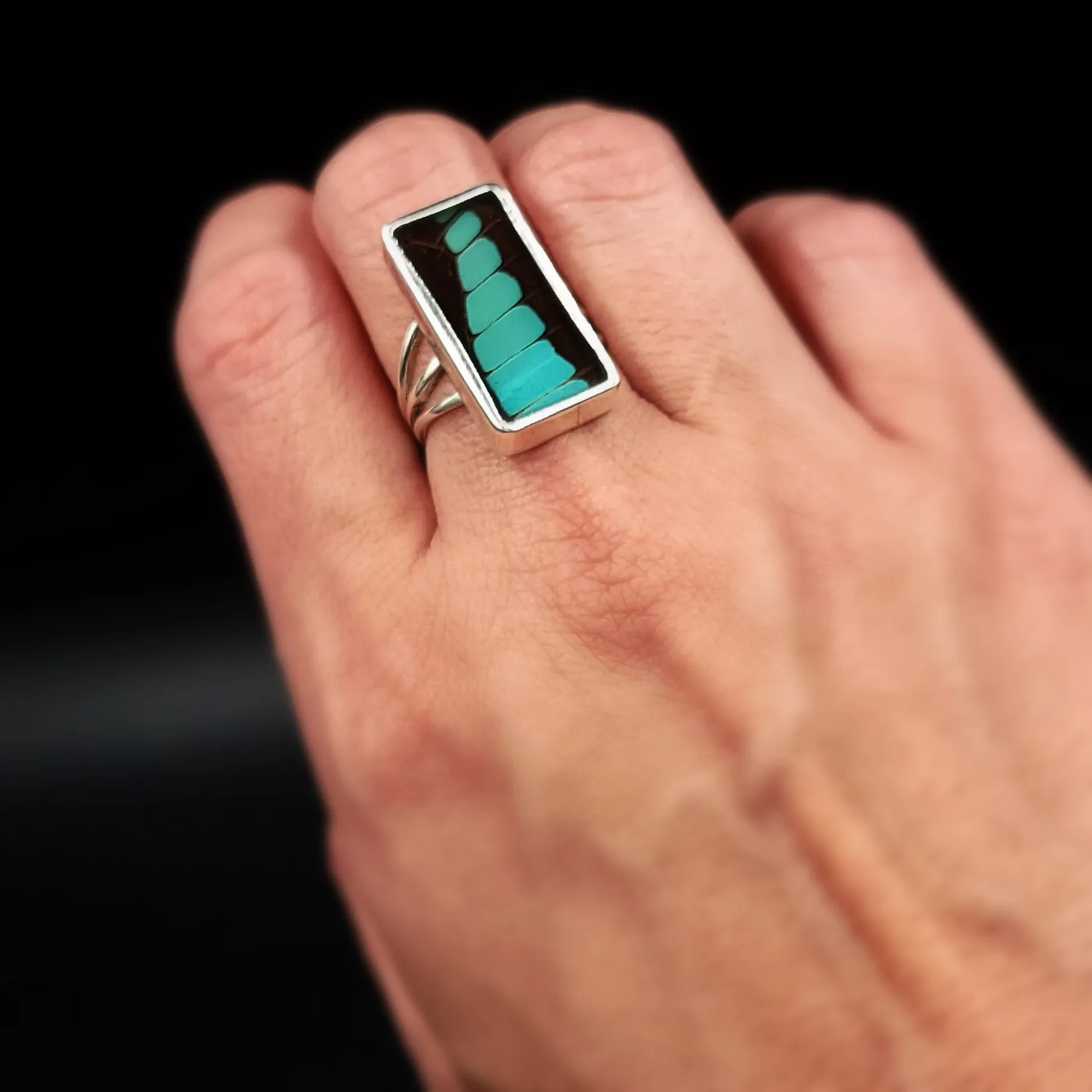 Blue Bottle Butterfly Wing Ring Sterling Silver Band Size 7