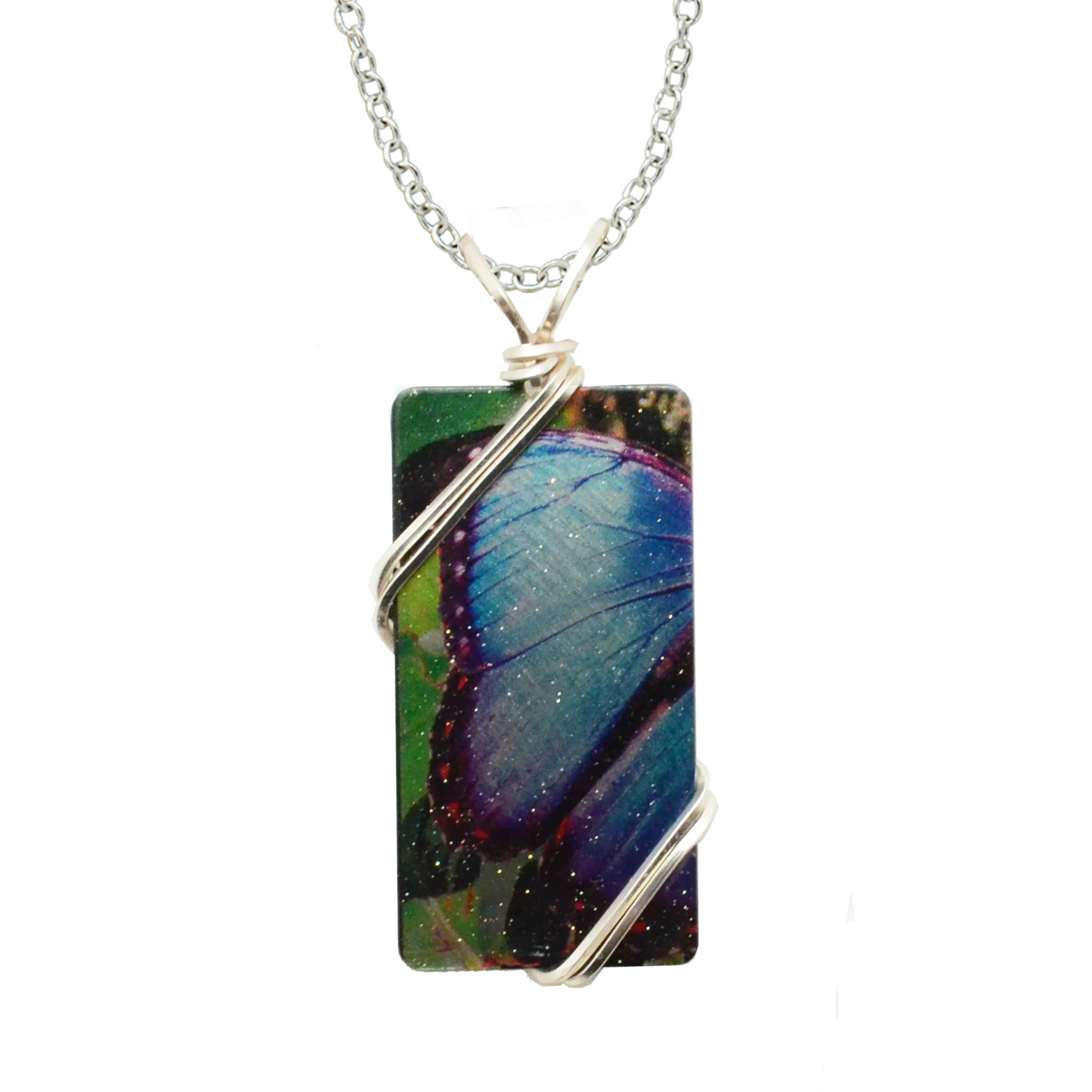 Blue Morpho Butterfly Necklace, 1.5" pendant with silver-plated wiring, Item# 4720X