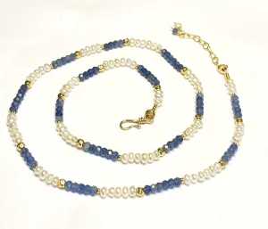 Blue Sapphire and Pearl Dainty Necklace