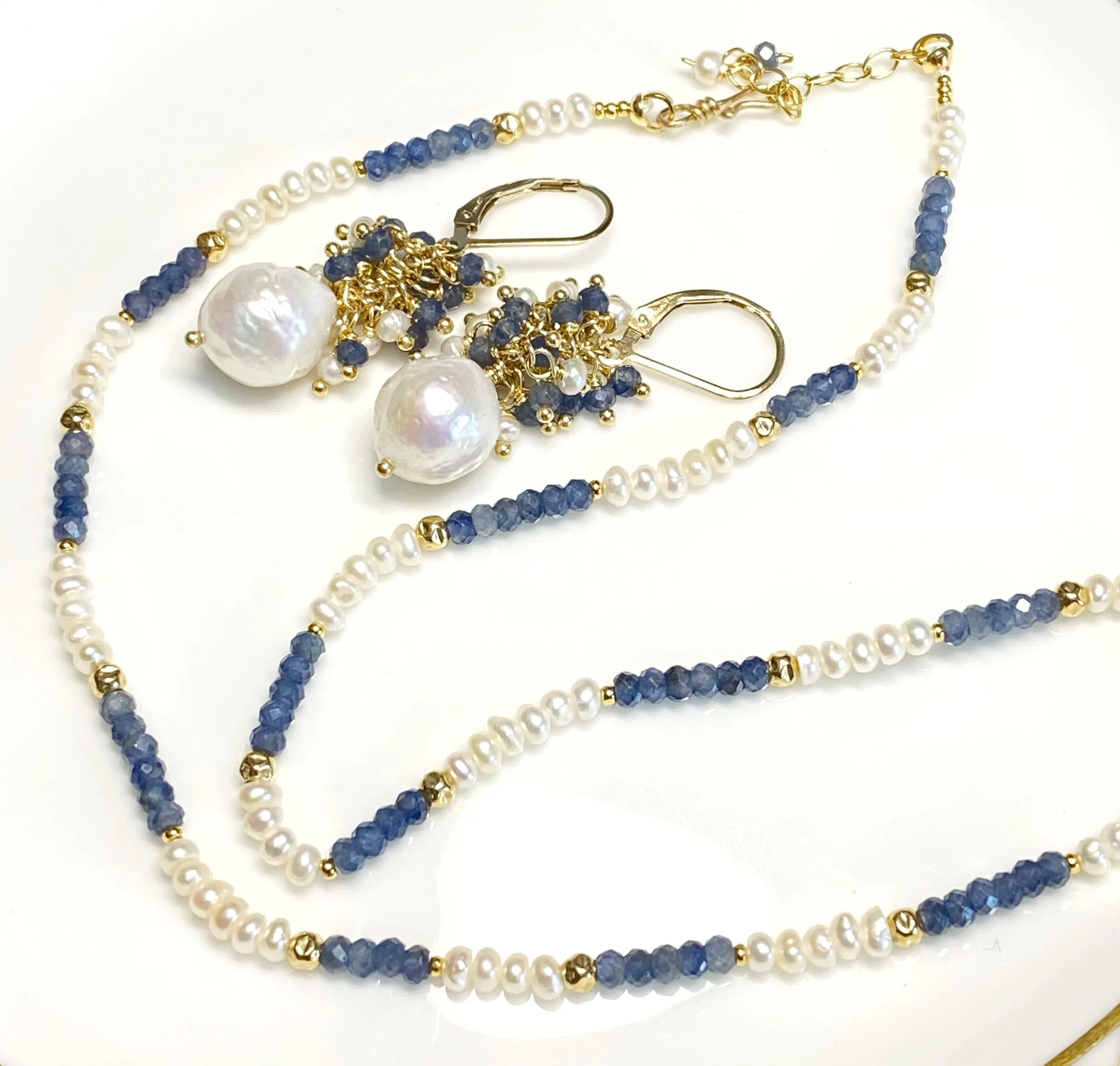 Blue Sapphire and Pearl Dainty Necklace