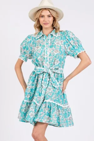 Blue Vintage Floral Scalloped Mini Shirt Dress