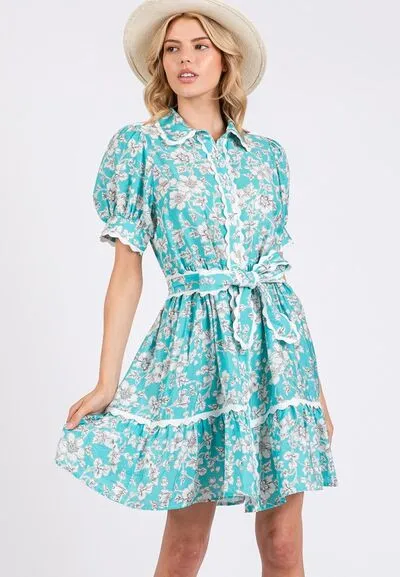 Blue Vintage Floral Scalloped Mini Shirt Dress