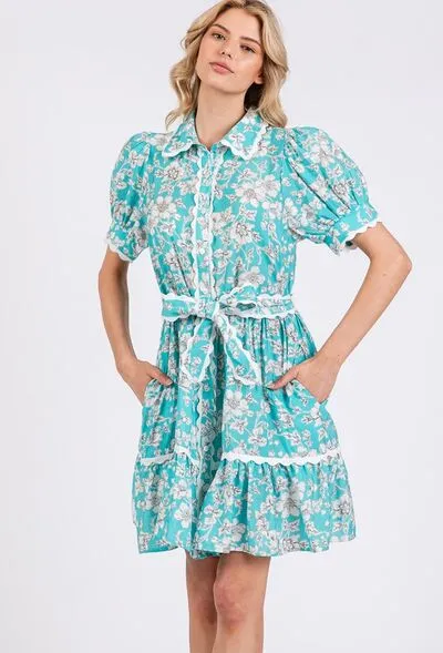 Blue Vintage Floral Scalloped Mini Shirt Dress
