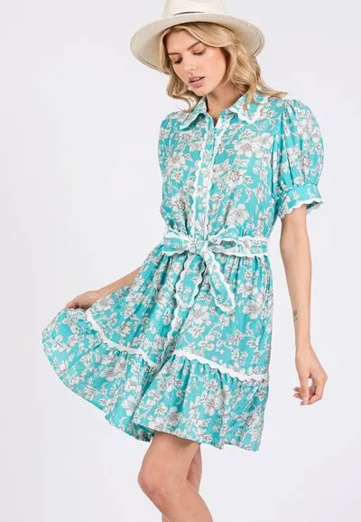 Blue Vintage Floral Scalloped Mini Shirt Dress