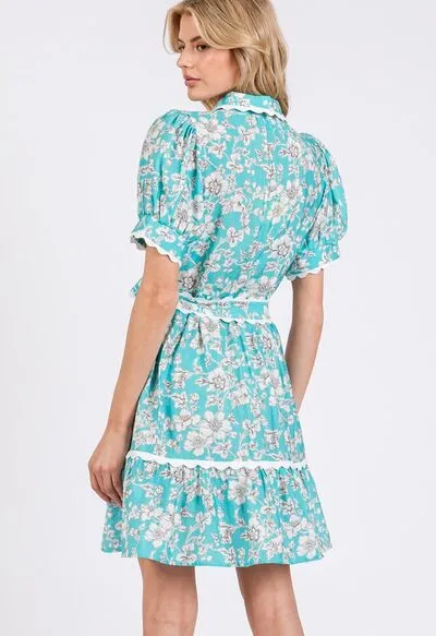Blue Vintage Floral Scalloped Mini Shirt Dress