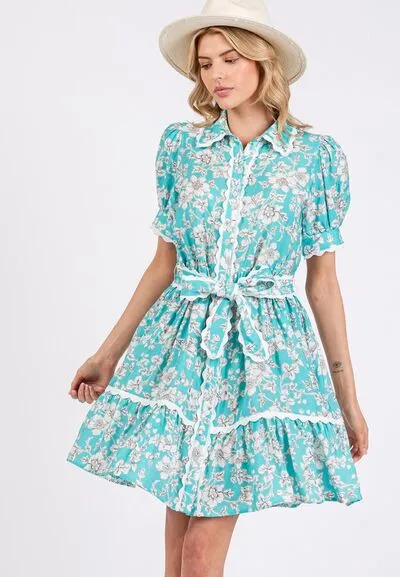 Blue Vintage Floral Scalloped Mini Shirt Dress