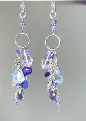 Blue Violet Boho Dangle Earrings Amethyst, Blue Topaz, Kyanite, Oxidized Sterling Silver