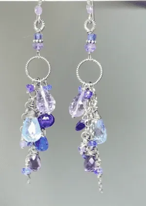 Blue Violet Boho Dangle Earrings Amethyst, Blue Topaz, Kyanite, Oxidized Sterling Silver