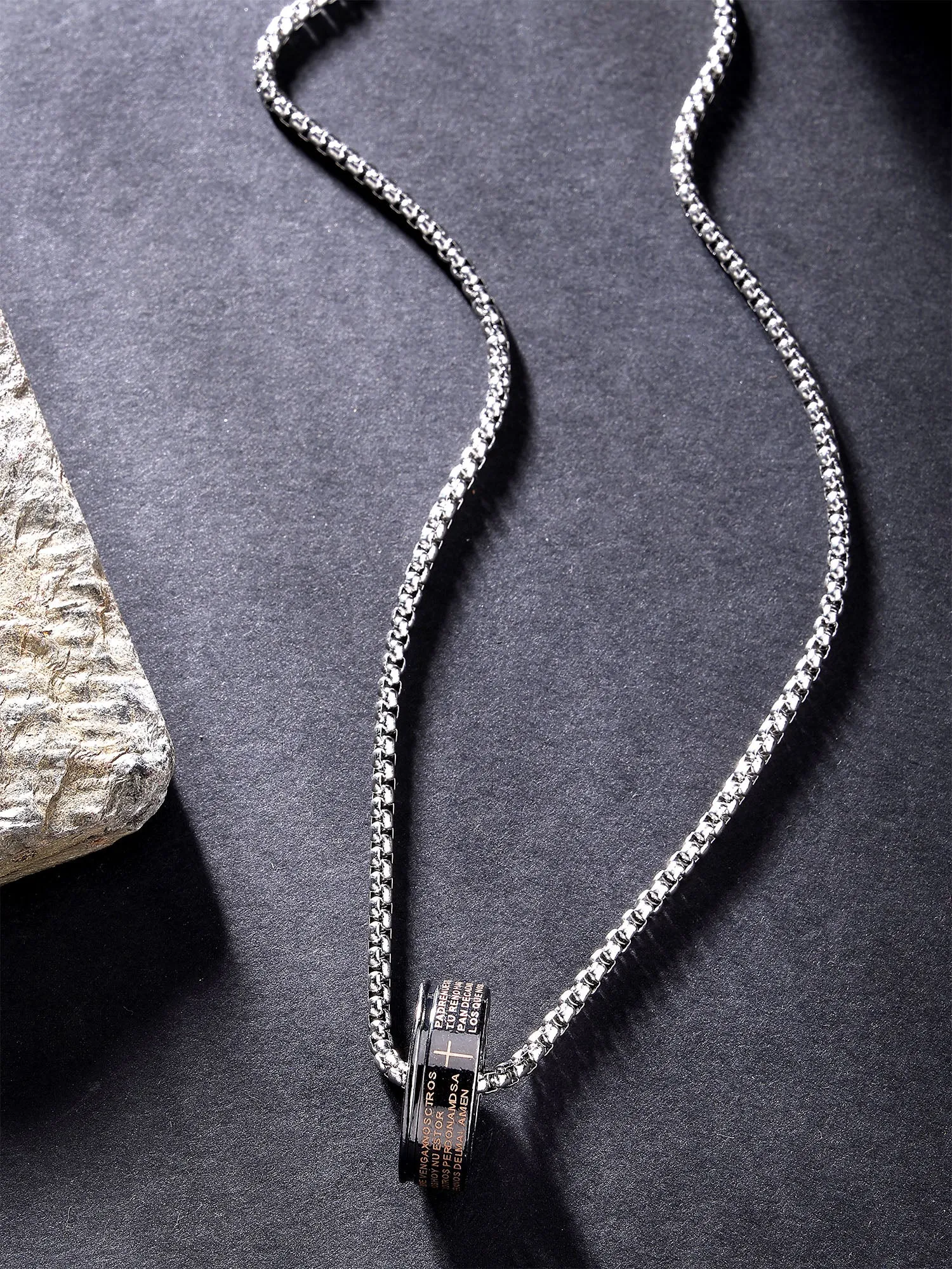 Bohey by KARATCART Silver Plated Latin Prayer Ring Metal Chain Pendant for Men