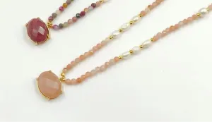 Boho & Mala 16inch Natural Light Pink Stone & Freshwater Pearl Necklace