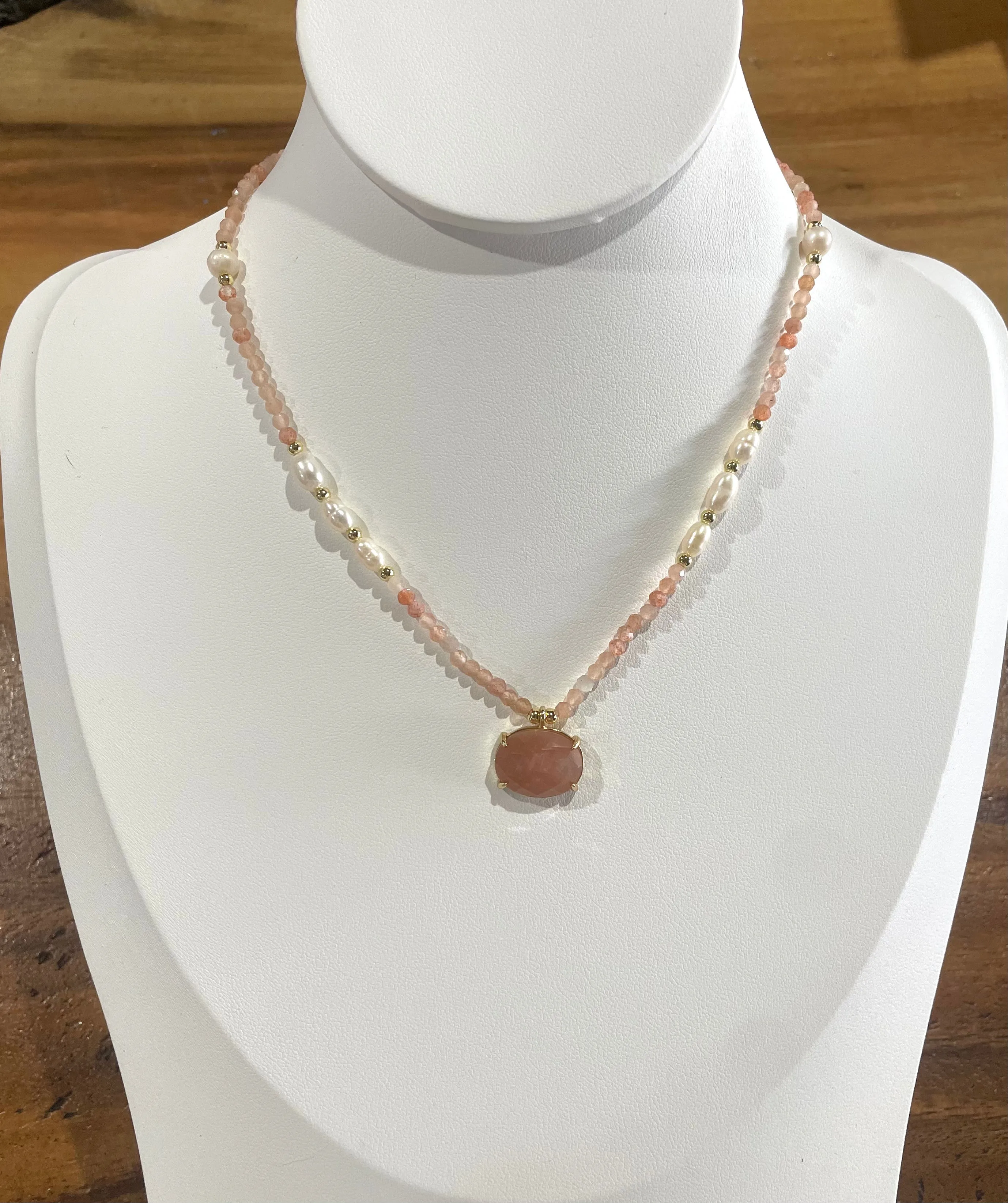 Boho & Mala 16inch Natural Light Pink Stone & Freshwater Pearl Necklace